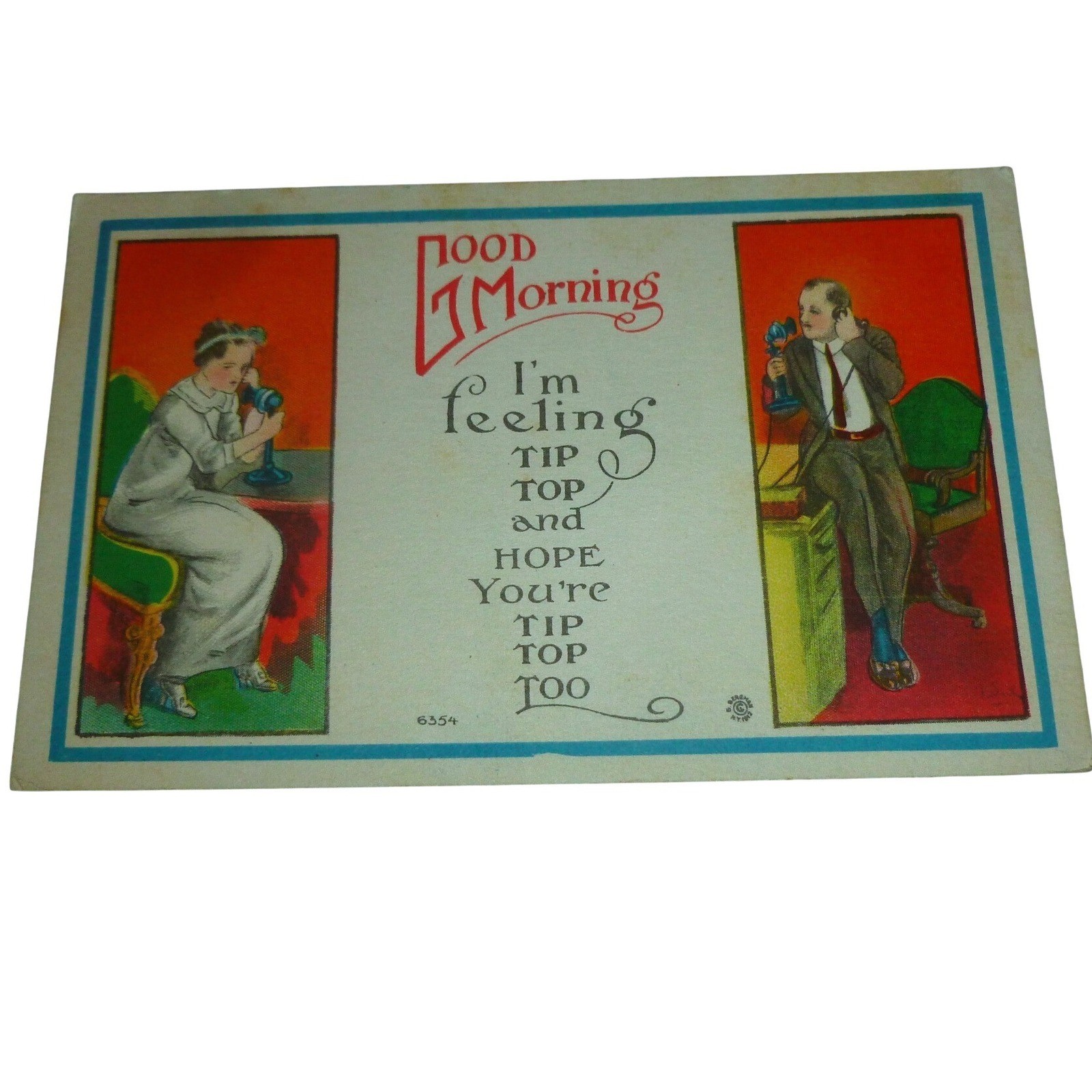 Vintage Good Morning Tip Top Telephone Postcard 1910s Divided Back Antique Art