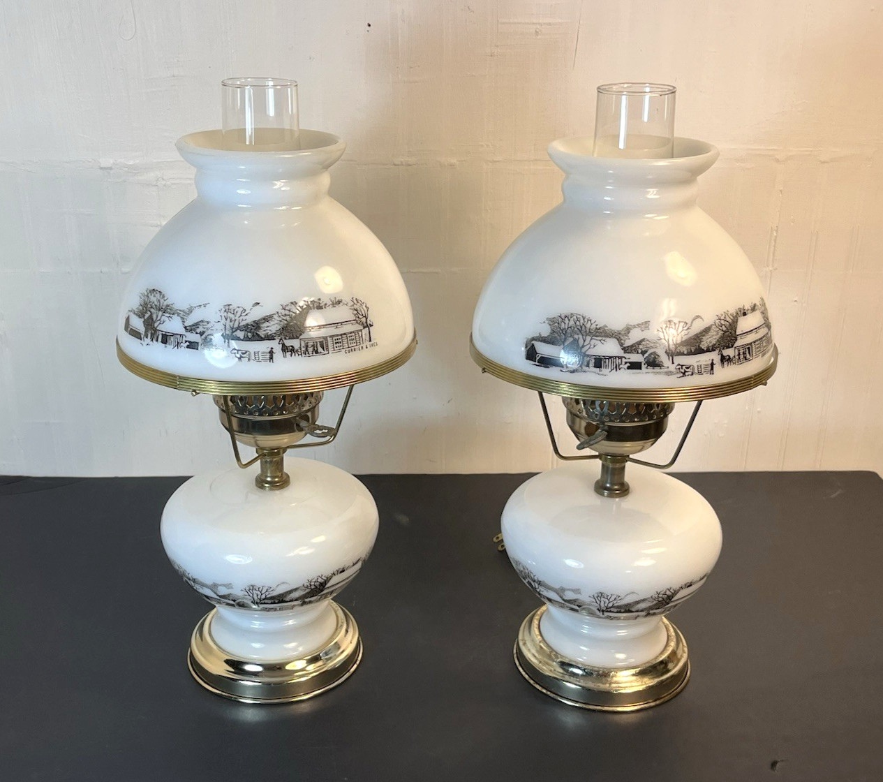 Pair Vintage Currier & lves Milk Glass Hurricane Table Lamps Farm Scene 16\