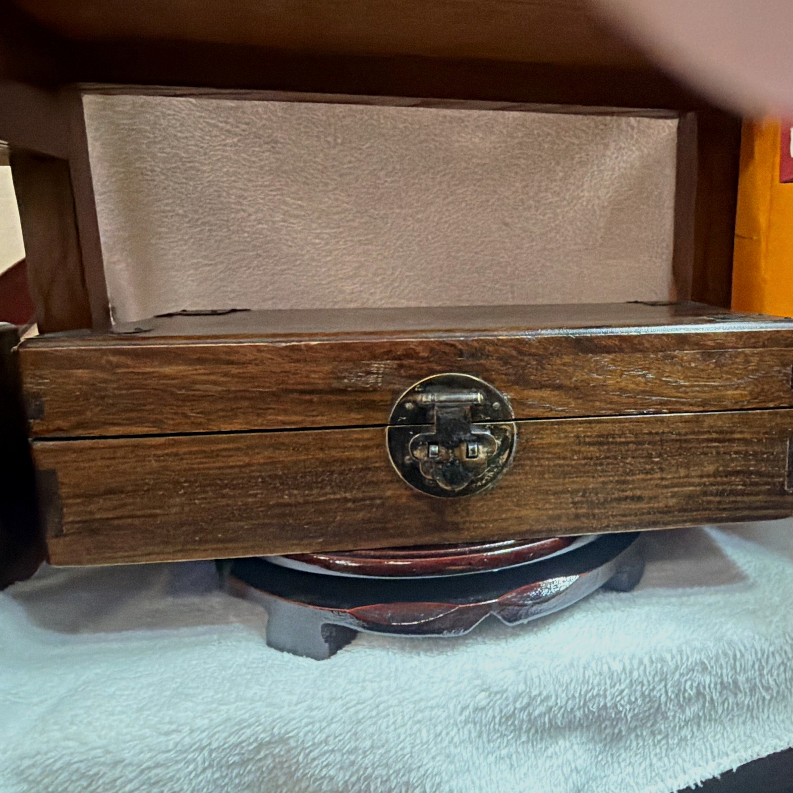 Vintage Chinese Hardwood Jewelry Document Box, Brass Lock & Corner Protectors