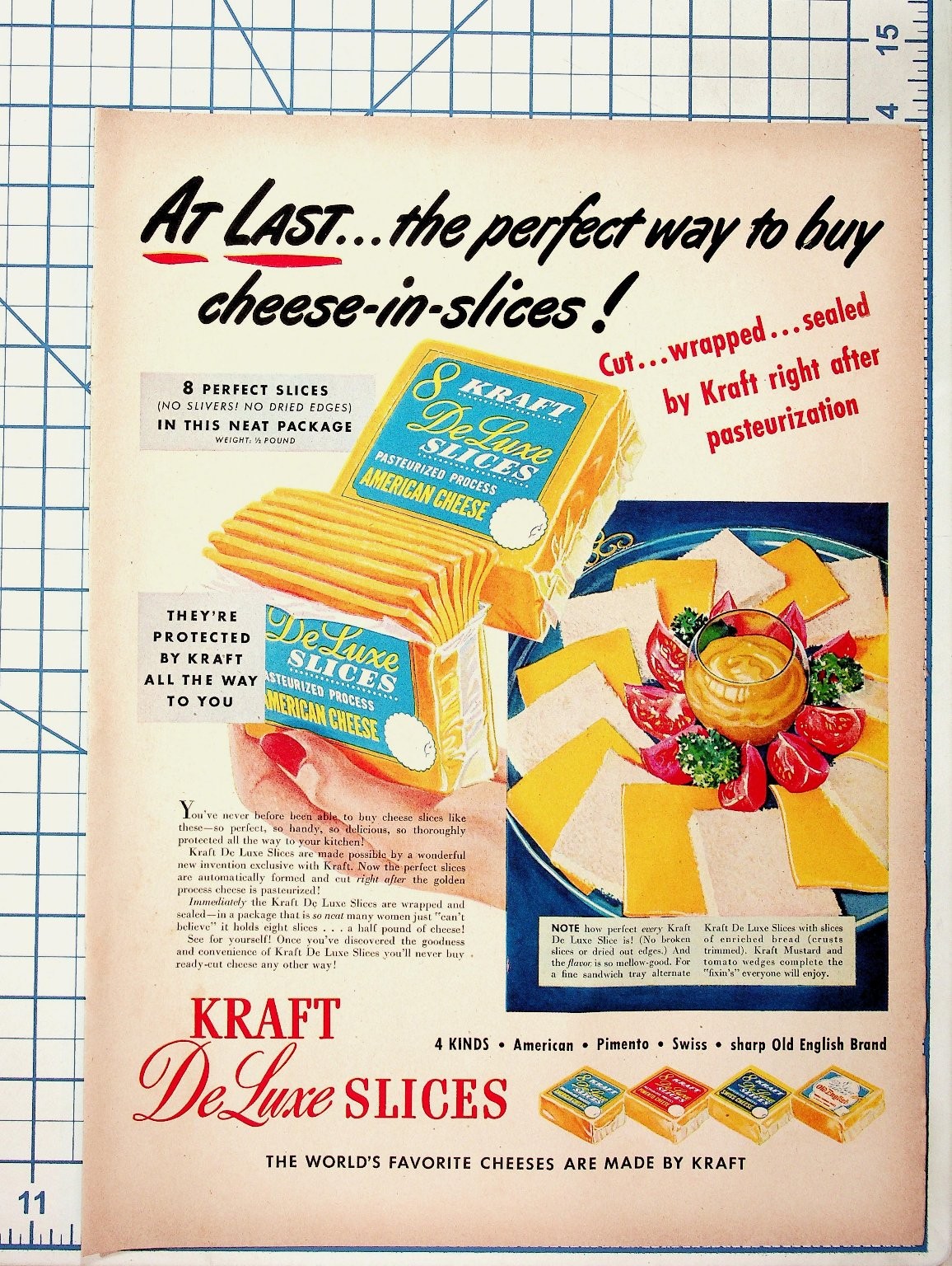 Vintage Kraft De Luxe Slices Cheese Magazine Ad 1940s 1950s American Ephemera