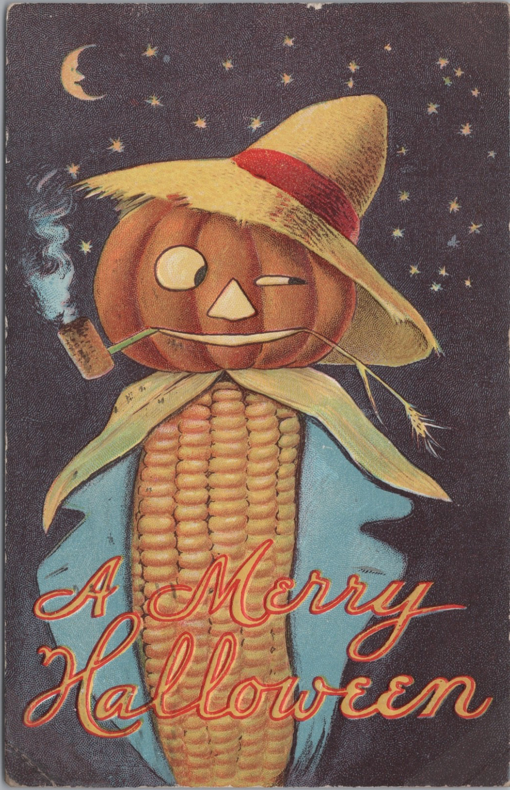 1908 Embossed A Merry Halloween Postcard Head Scarecrow Corn Cob Jack O Lantern
