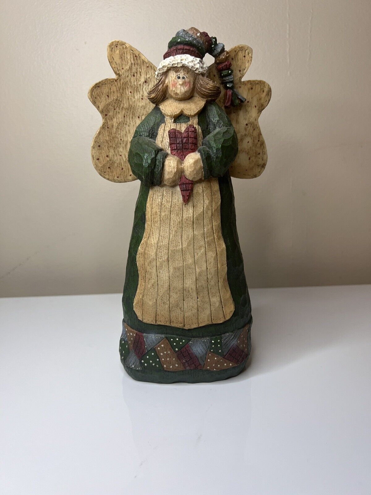 Handcrafted Wooden Caring Angel Patchwork Holding Heart Wings Hat