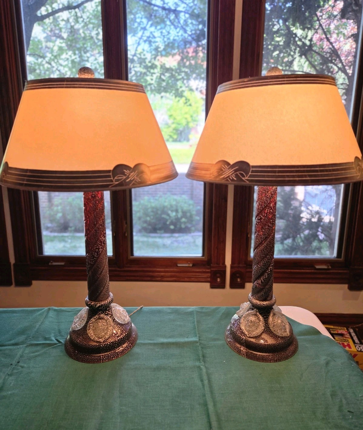 Vintage Barovier Toso Murano Glass Lamps Ruby Red Gold Aventurine Pair Italy MCM