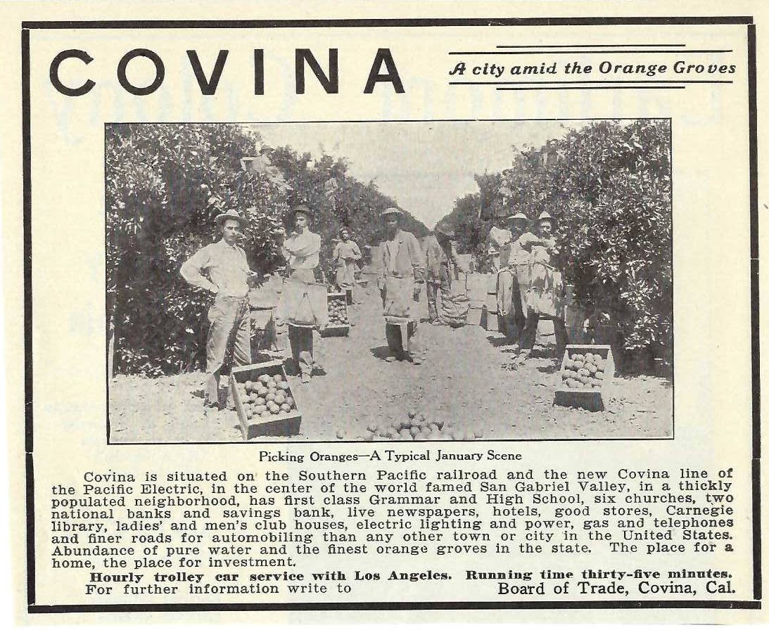 1907 Antique Magazine Ad, Covina, California. A city amid the Orange Groves