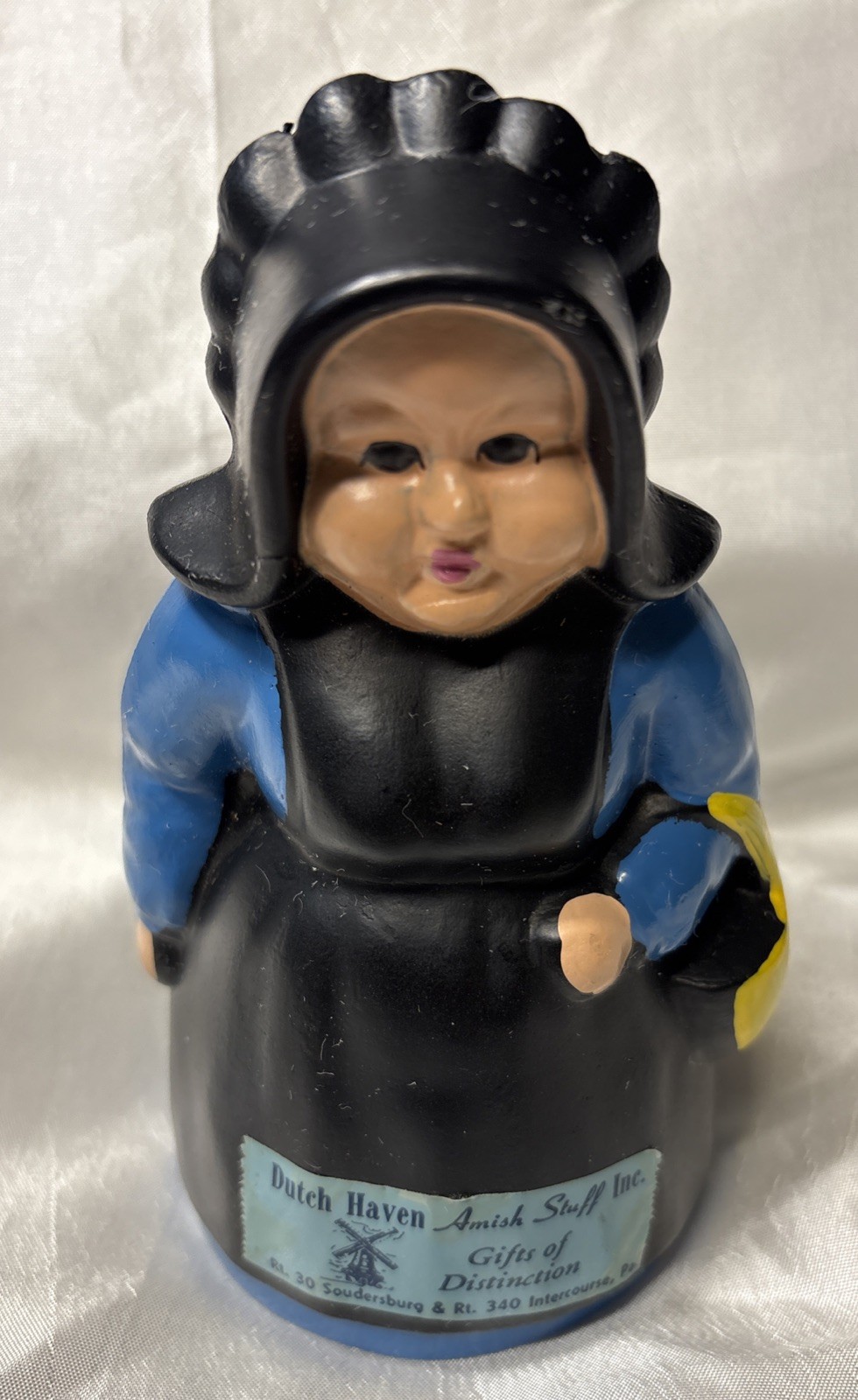 VTG Amish Woman Hand Painted Cast Metal Coin Bank P.A. Dutch Haven Original Tag