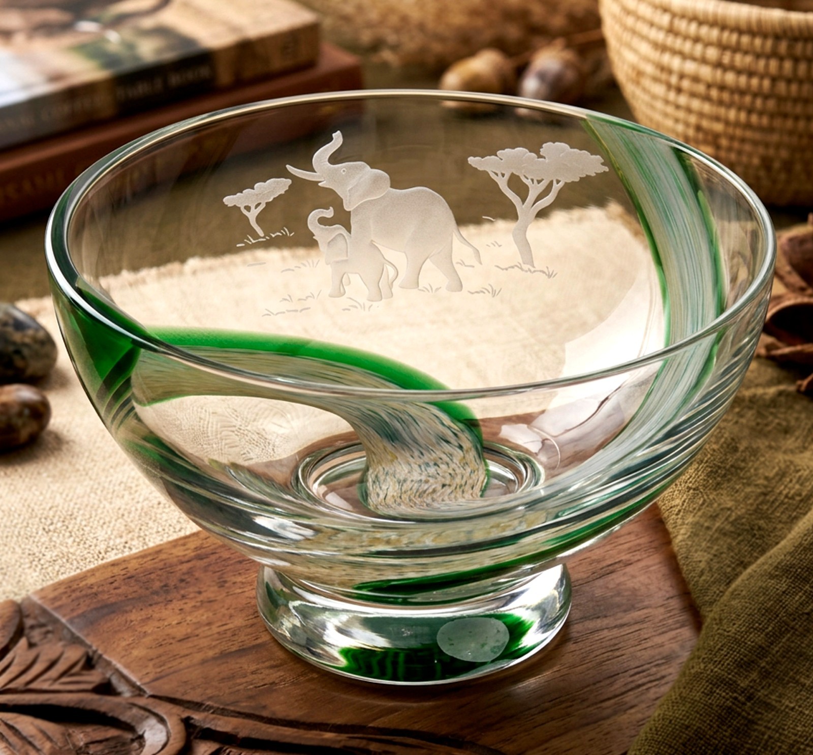 Lenox Crystal Centerpiece Bowl Etched Frosted Elephants Pride Green Scotland Vtg