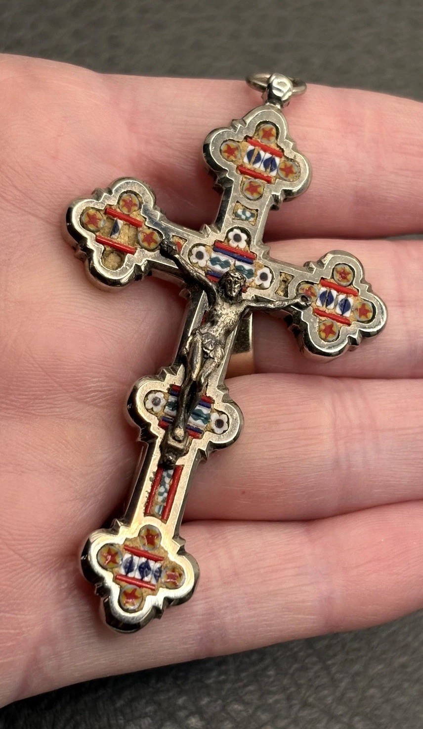 VTG Large Italian Micro Mosaic Crucifix Pendant Cross Religious READ Silver Tone