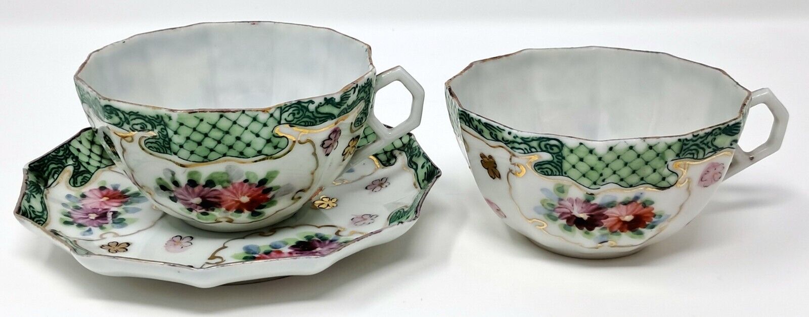 Porcelain Cup x 2 & Saucer handpainted w/ enamel Meissen style Japan