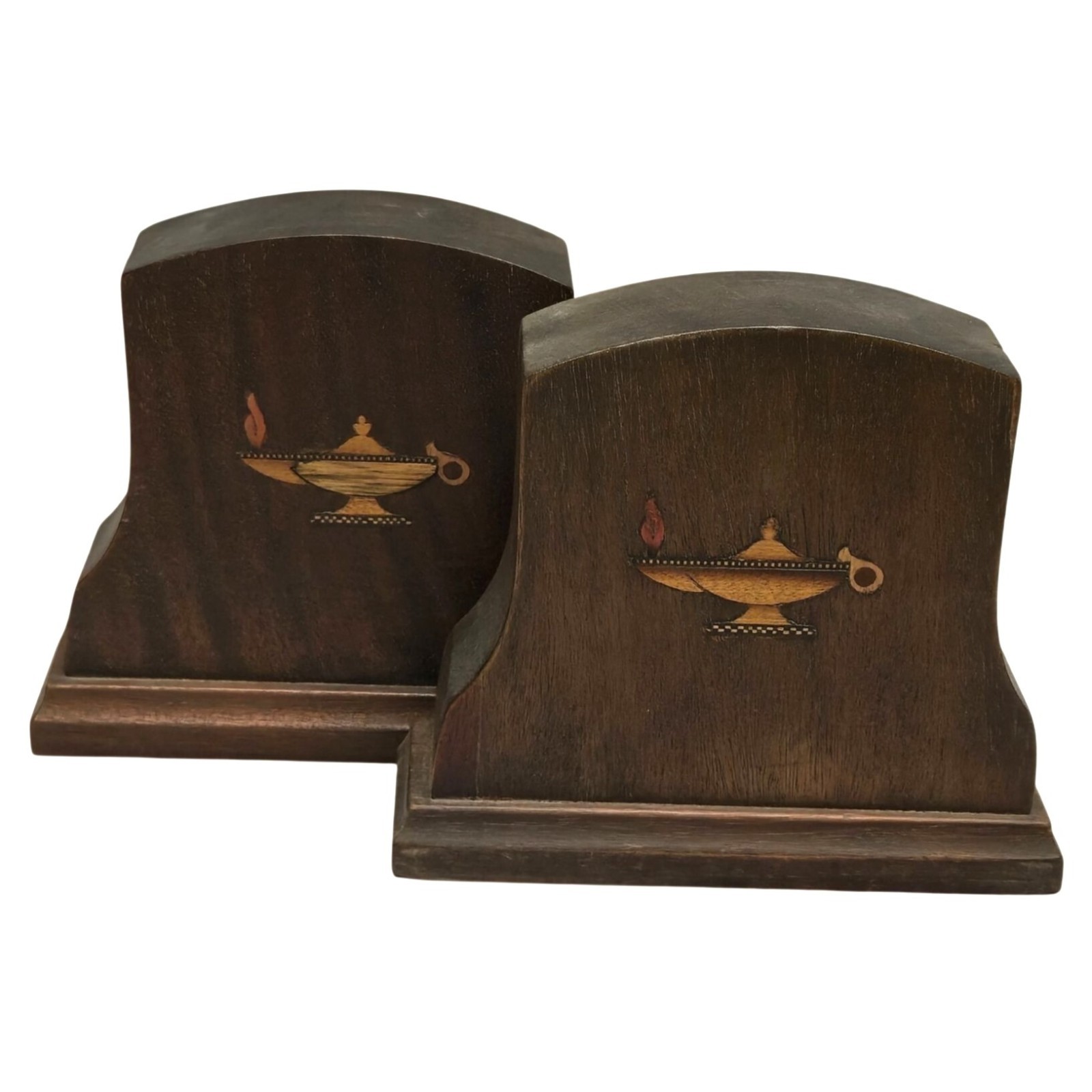 Vintage Walnut Wood Bookends Aladdin Genie Lamp Inlay Mid Century home decor set