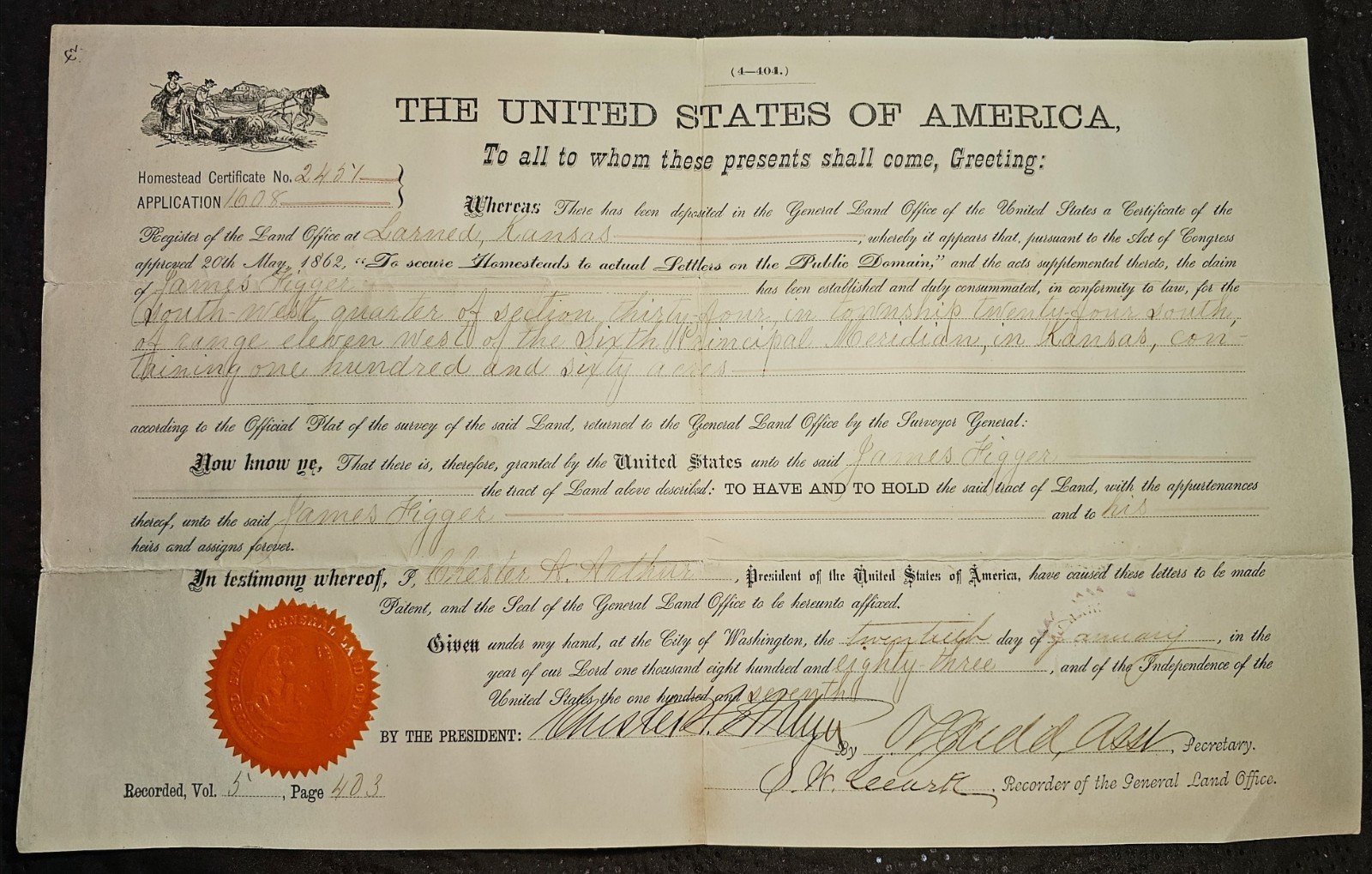 President Chester A. Arthur Land Grant 1883 (secretarial signed)