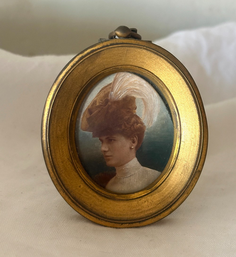 Antique French Miniature Oval Portrait Painting Gilt Brass Frame