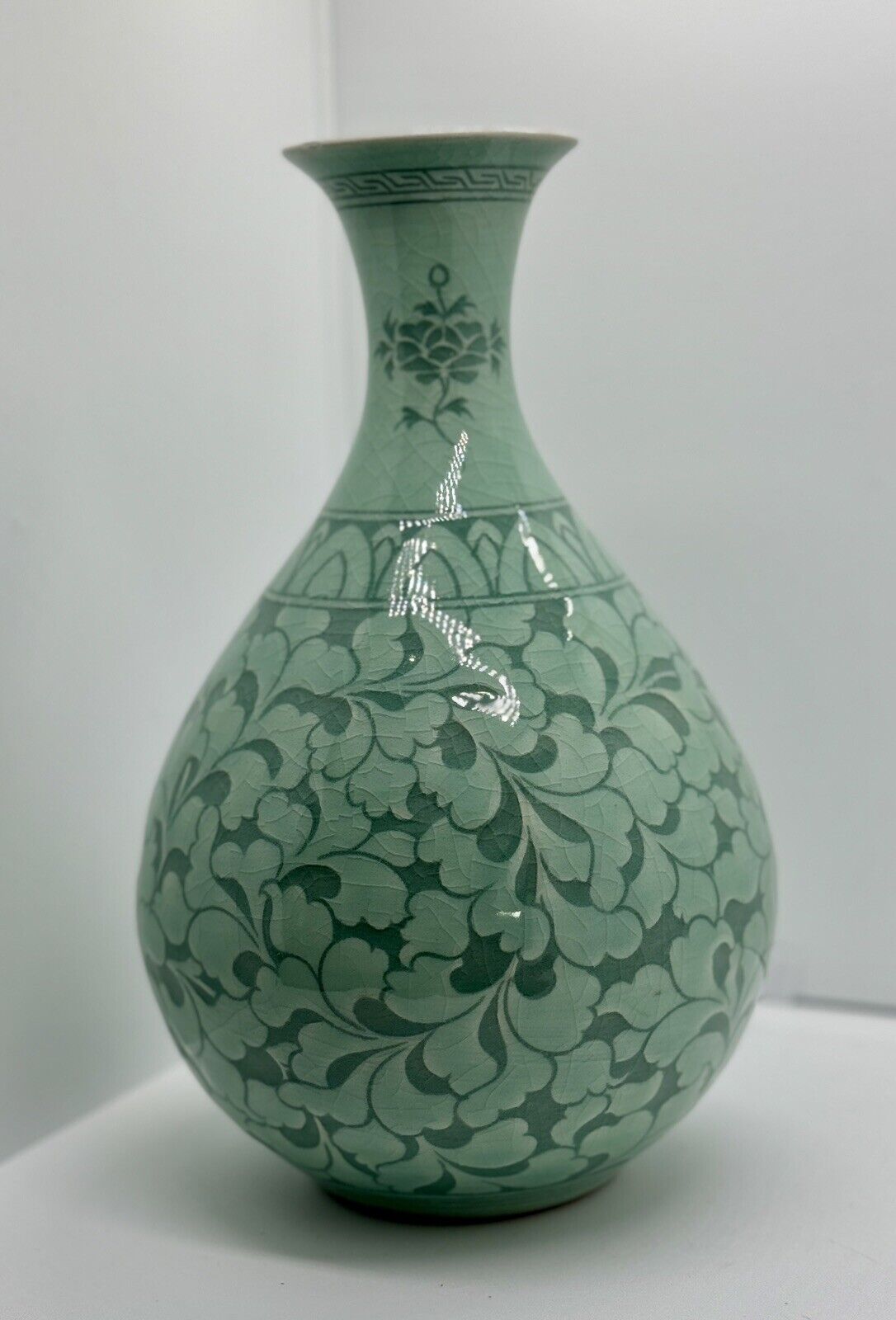 Vintage Korean Celadon Vase Crackled Glazed Green ~ Signed