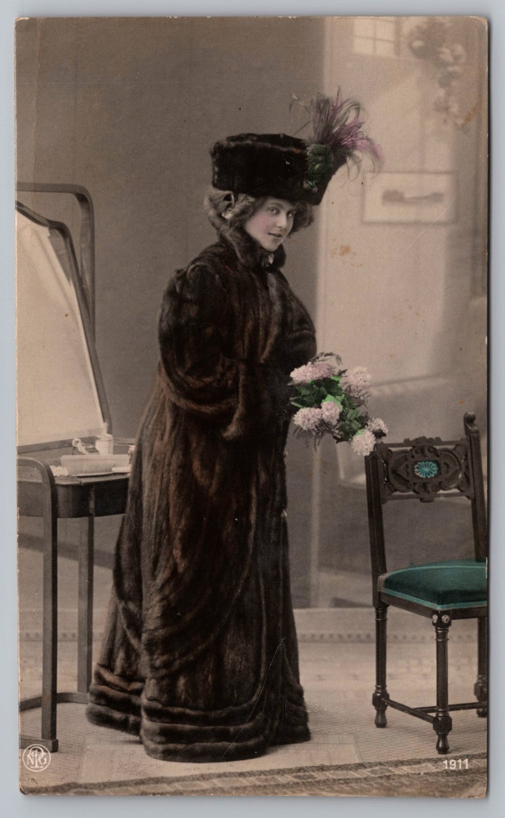 RPPC Beautiful Woman in Fur Coat Large Hat Hand Tinted Postcard