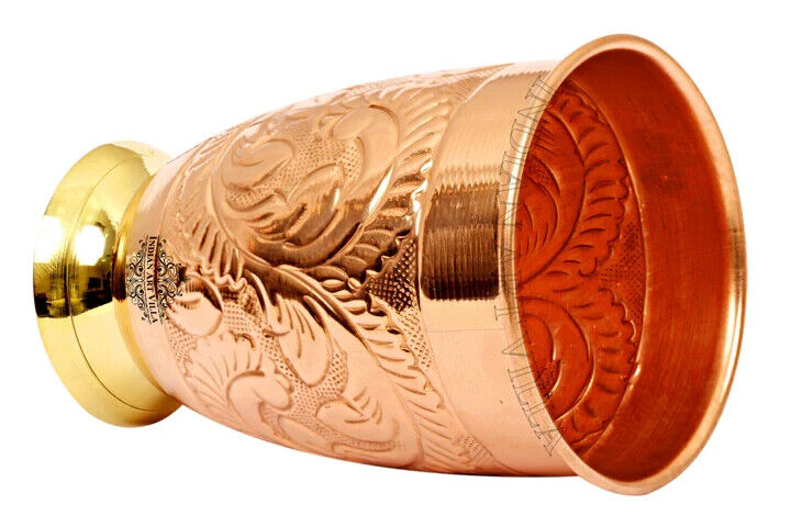 Copper Embossed Design Glass Tumbler With Brass Bottom, 450 ml - 1