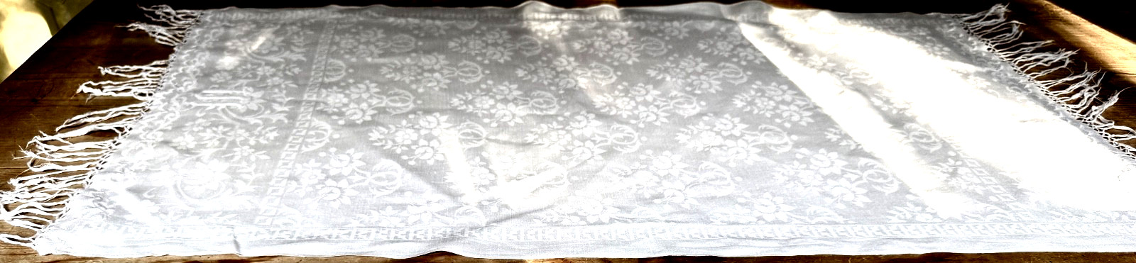 Antique Handwoven French Damask Table Runner with 
