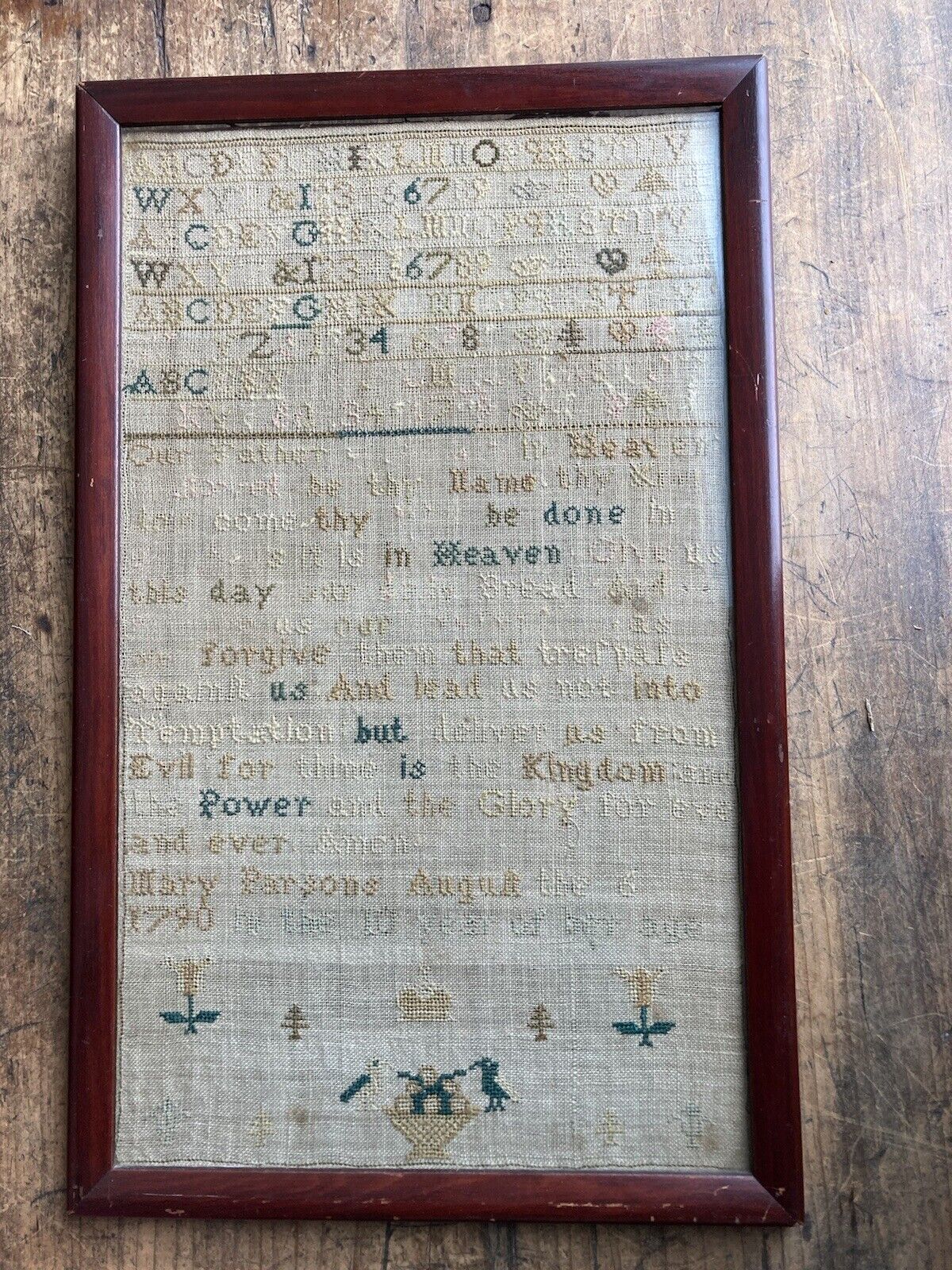 Antique DATED 1790 Needlework Sampler Verses Figural Mary Parsons Cherry frame