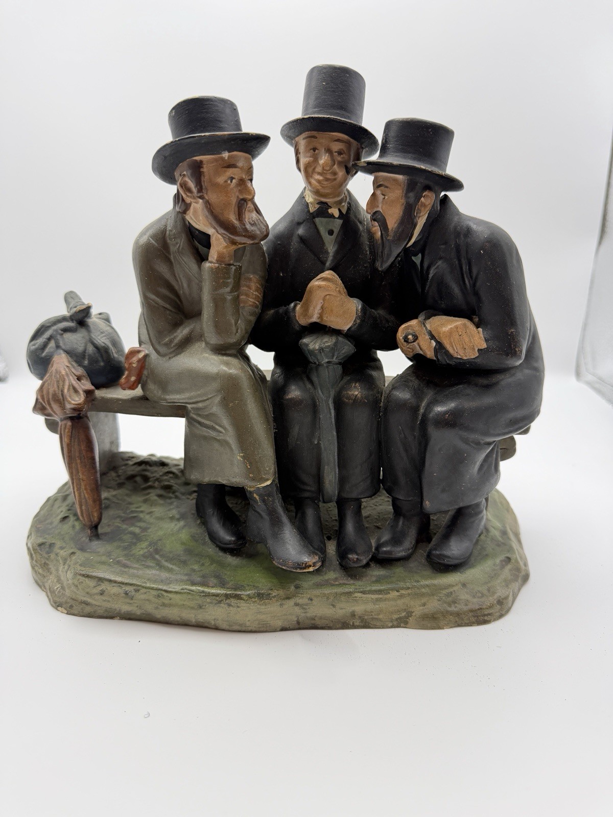Vintage Antique Terracotta Group Three Jews On Bench Figurine Judaica Czech