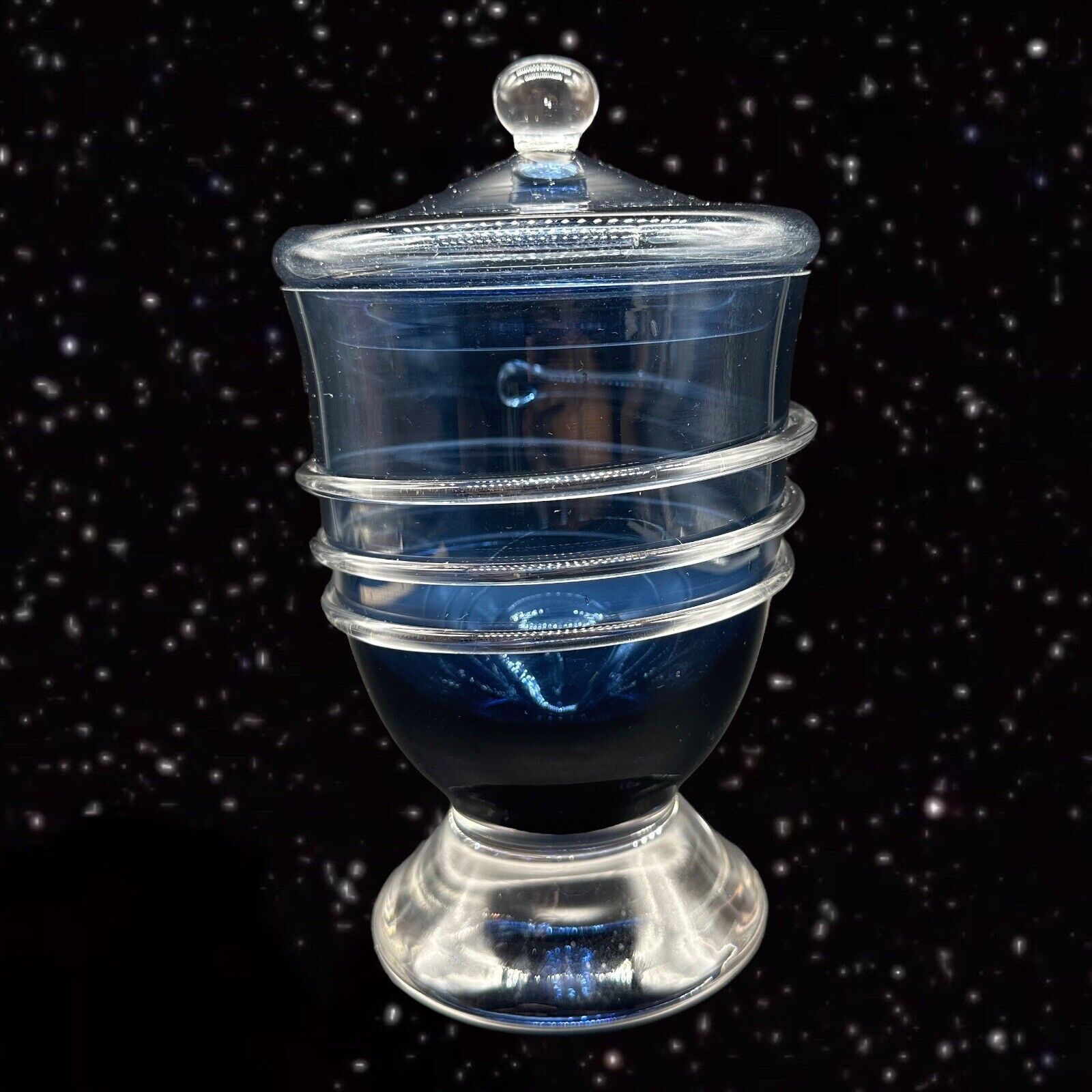 Cobalt Blue Art Glass Candy Dish With Clear Swirl Pedestal Dish Bowl 8”T 4.5”W