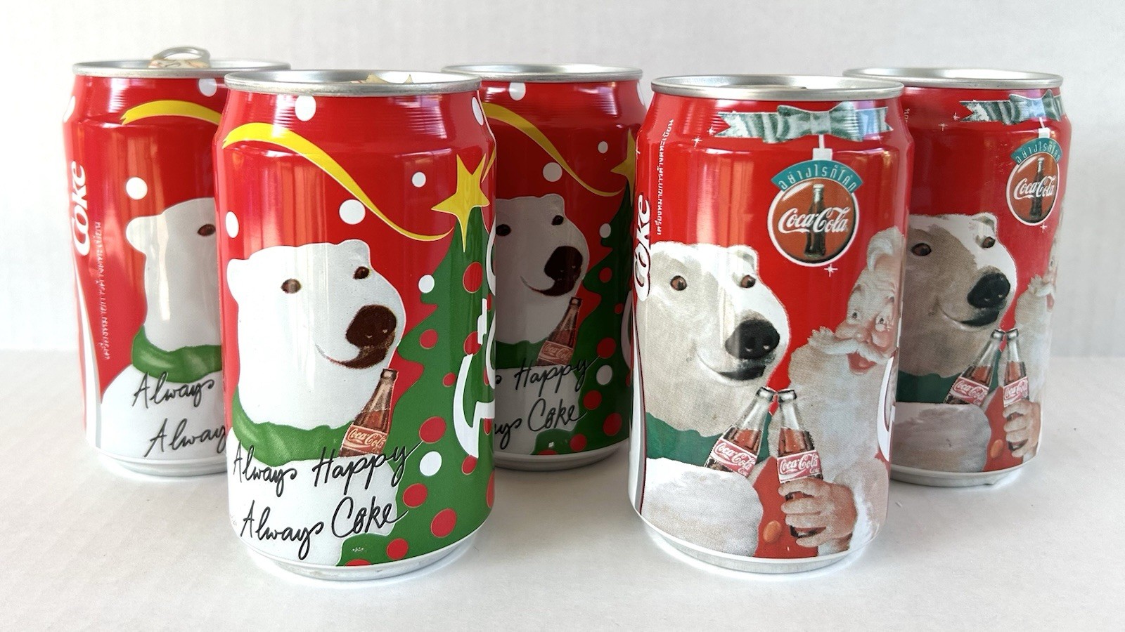 Coca-Cola Christmas Polar Bear Foreign Thailand Empty Cans Vintage 1990's Coca-Cola Christmas Polar Bear Foreign Thailand Empty Cans Vintage 1990's