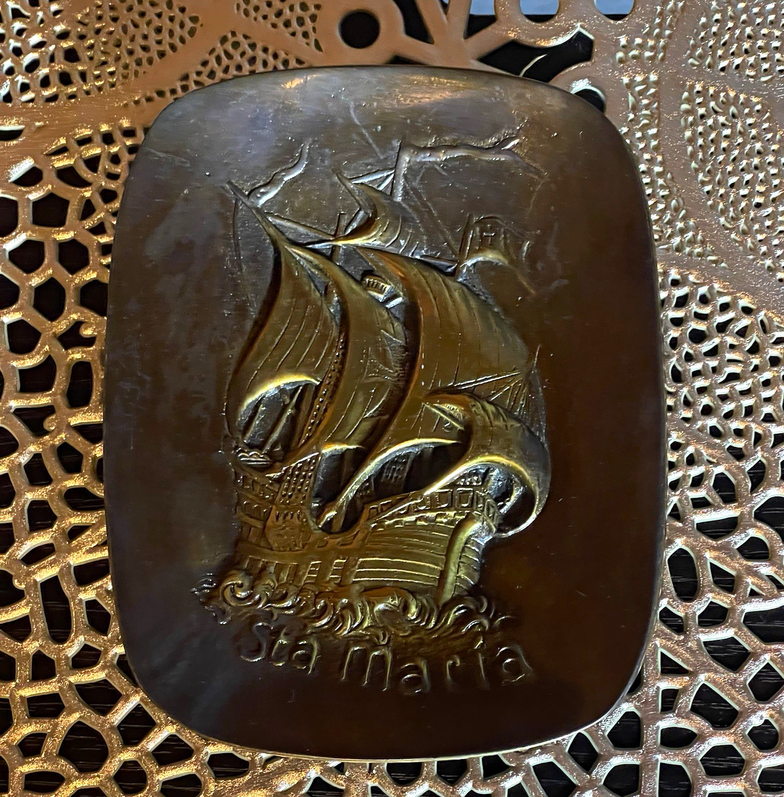 Vintage Mid-Century Brass Santa Maria Ship Wall Plaque - Original Madrid Spain T