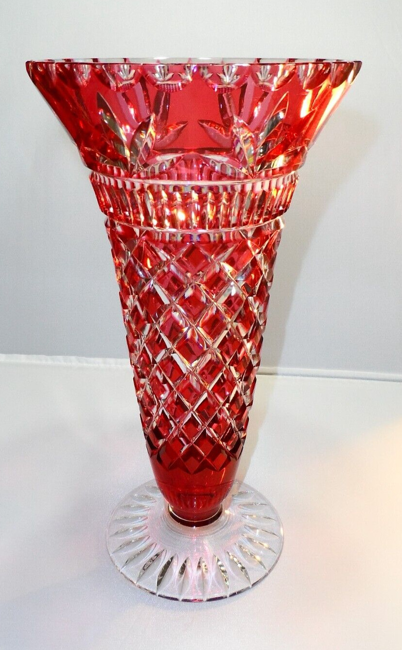 Beautiful Large Bohemian Czech Crystal Centerpiece Vase - Ruby Cut To Clear