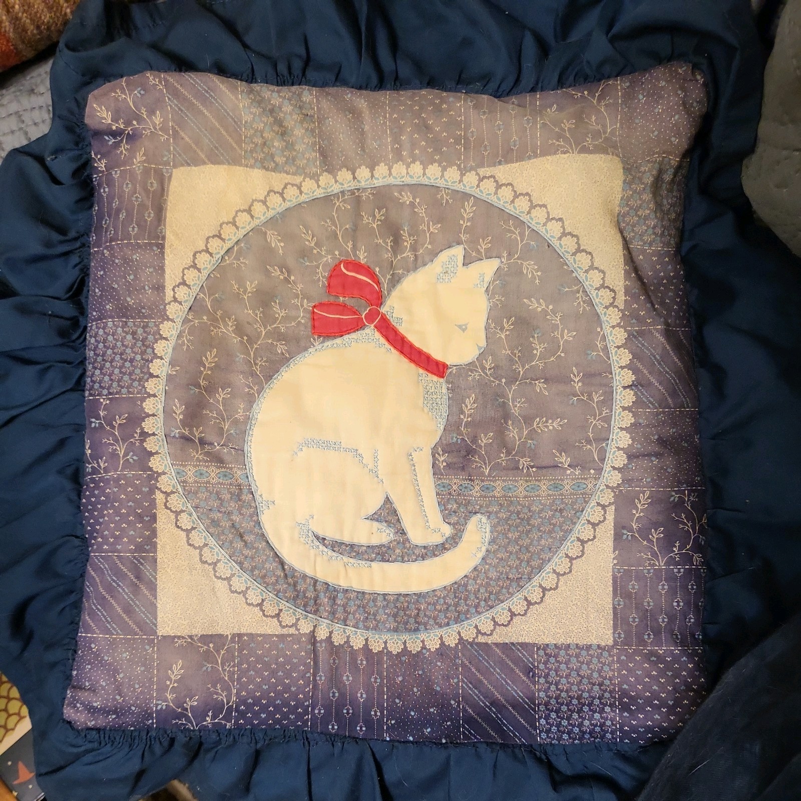 Vtg 80s Kitty Cat Pillow Sham Ruffle Blue Embroidered Quilt Country Grandmacore