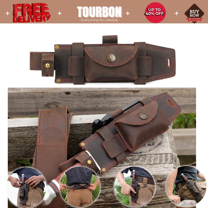TOURBON Survival Leather Tracker Knife Sheath Horizontal Belt Holster with Pouch