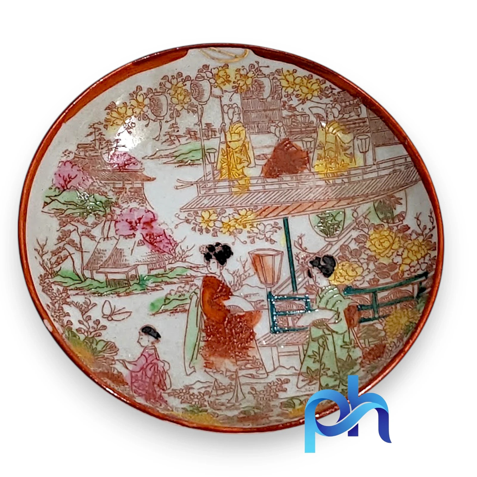 Antique Nippon Hand Painted Porcelain Dish Geisha Cherry Blossom Saucer 4.25 In