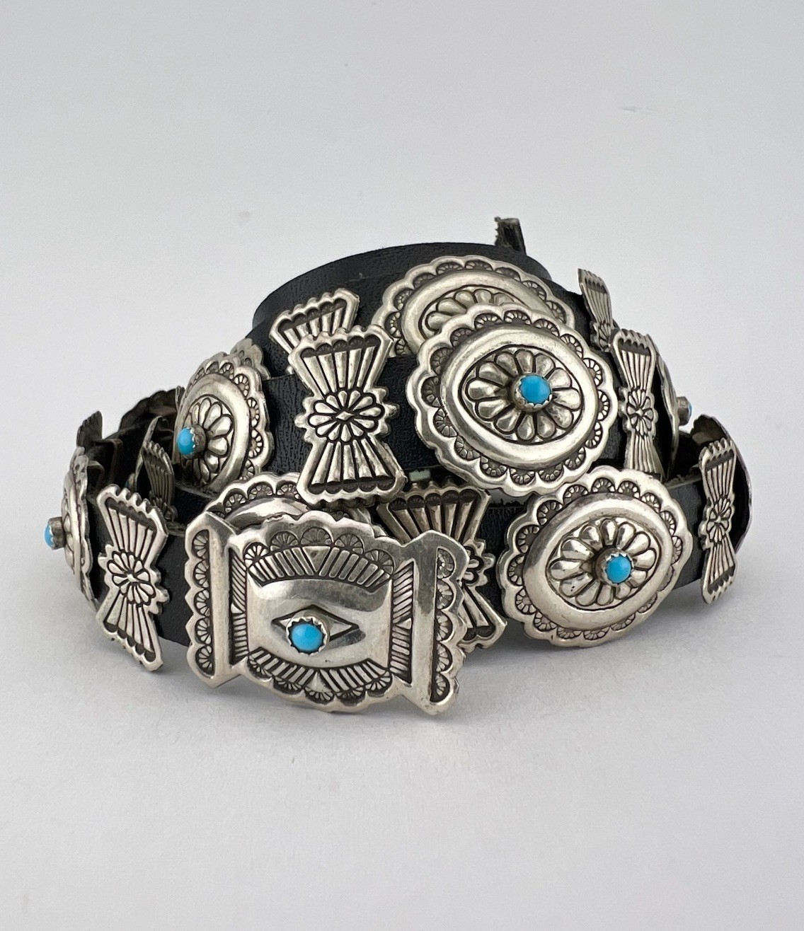 Vtg Navajo Native American Sterling Silver Turquoise 40 Concho Leather Hat Band