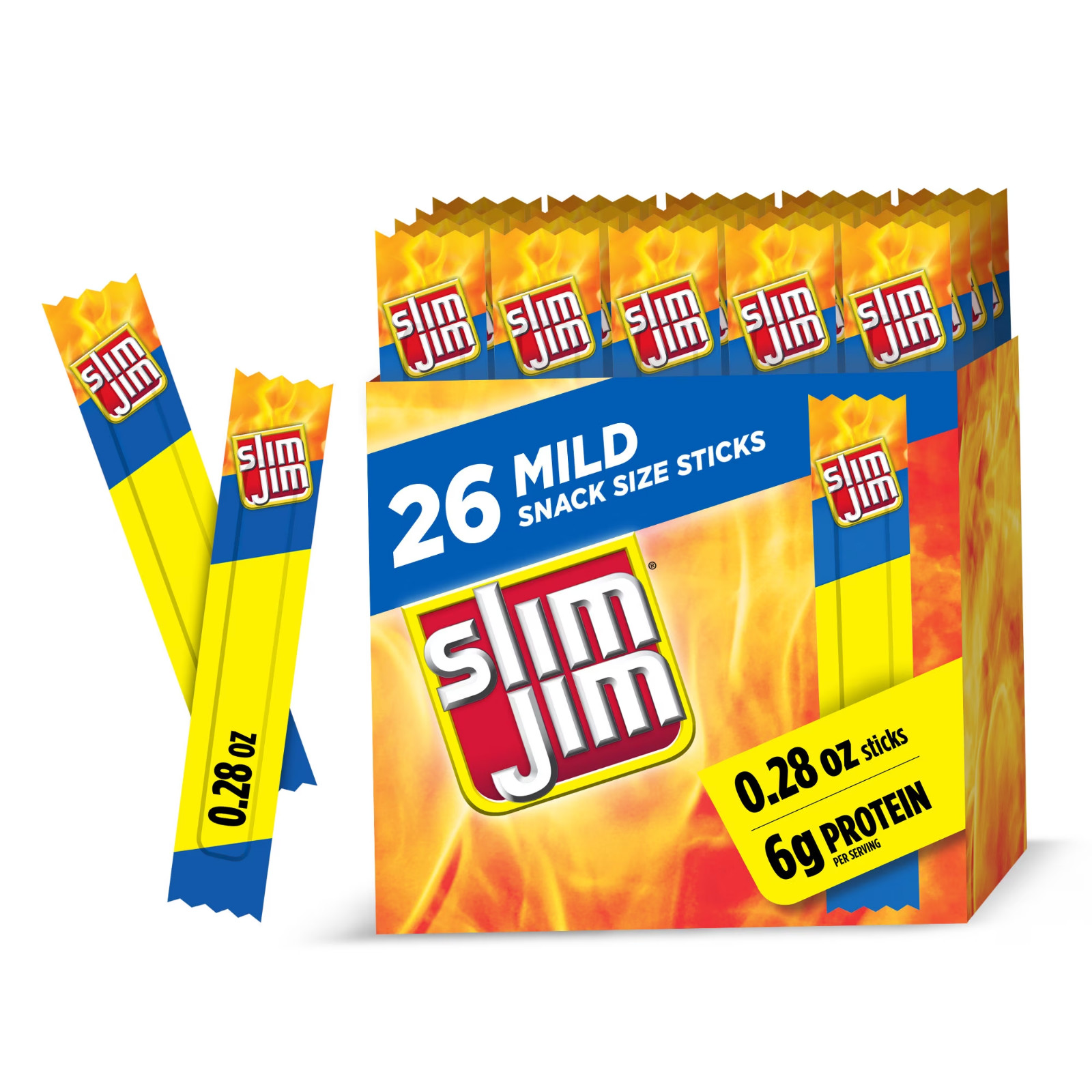 Slim Jim Smoked Meat Sticks, Mild Flavor, 6g Protein Per Serving, Snack Size, 0. Slim Jim Smoked Meat Sticks, Mild Flavor, 6g Protein Per Serving, Snack Size, 0.