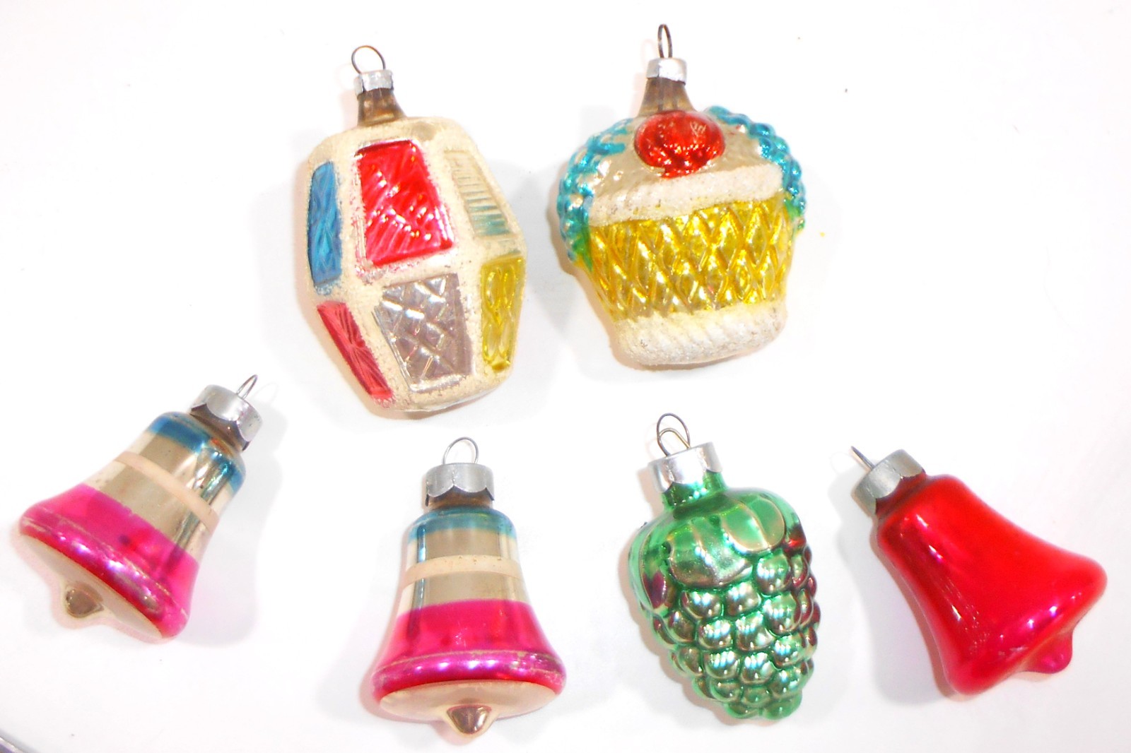 6 Vintage Mercury Glass Christmas Ornaments Fruit Basket -Lantern -Grapes -Bells