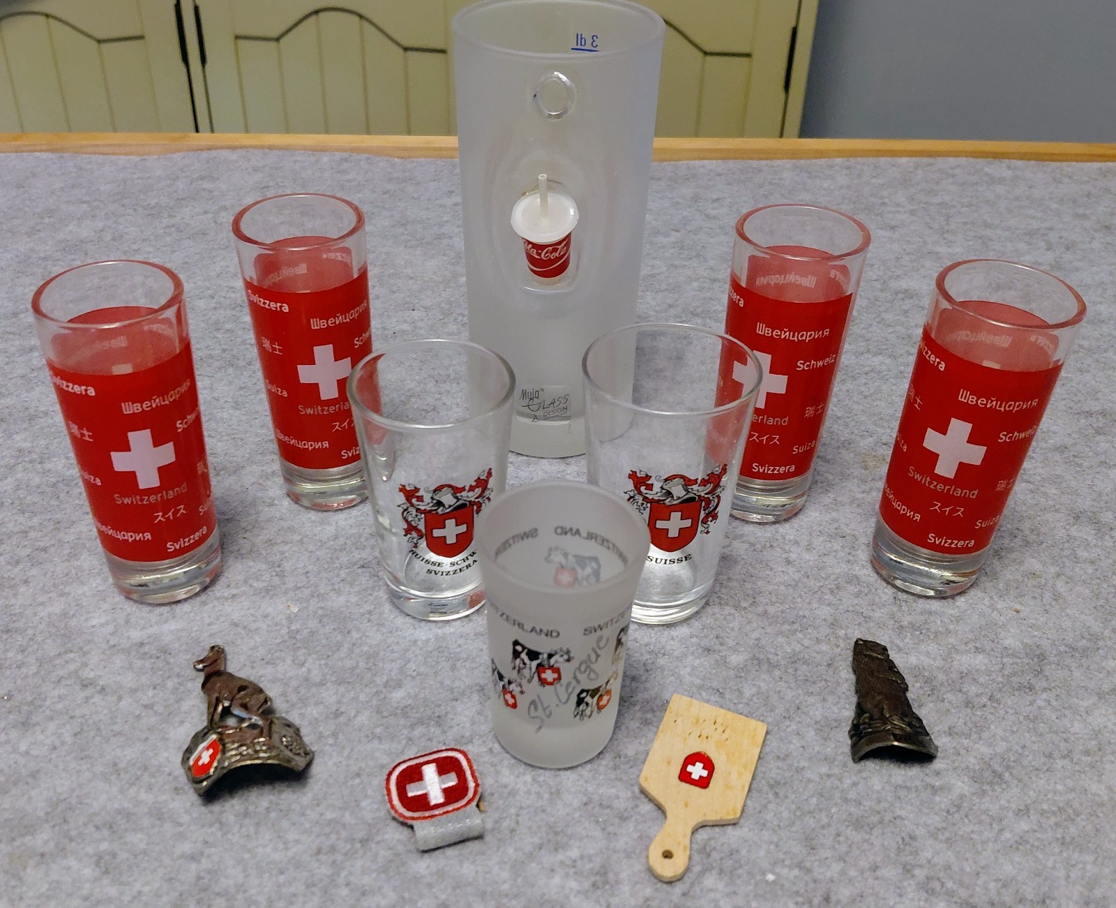 Lot SWITZERLAND Items Walking Stick Badges Rigi Alpnach Myia CocaCola ShotGlass
