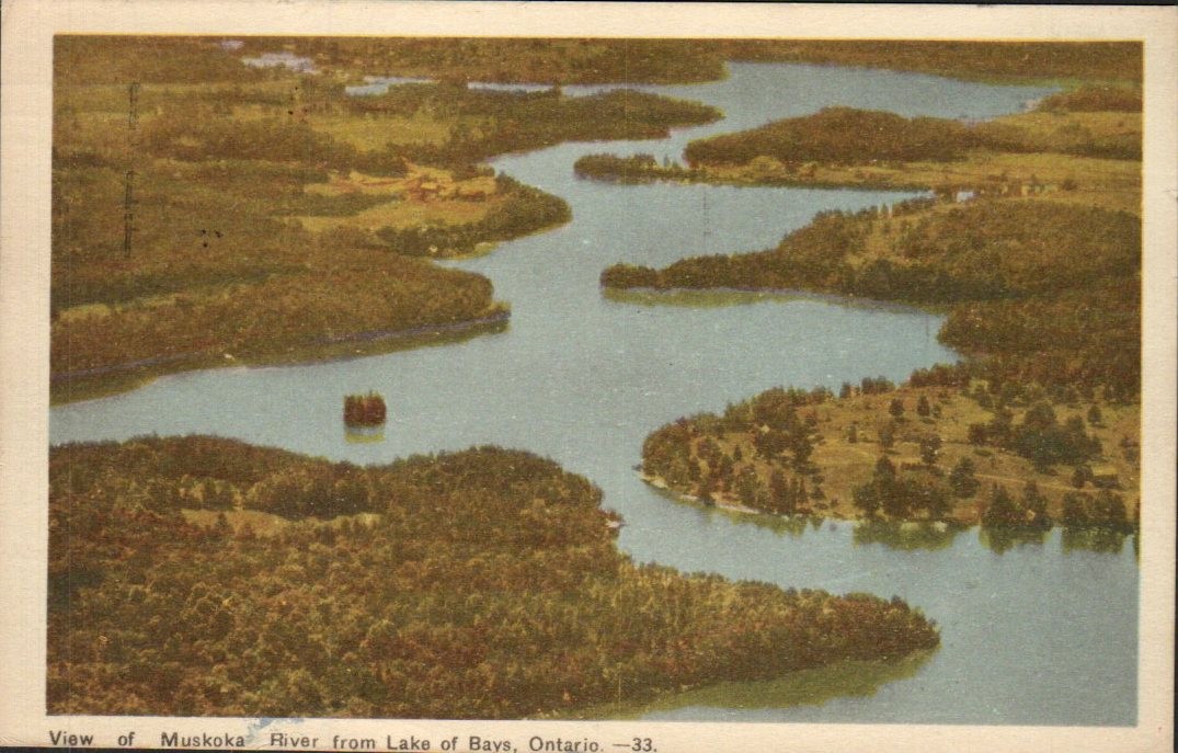 Lake of Bays Ontario - Muskoka River aerial view - Antique Postcard - circa 1945