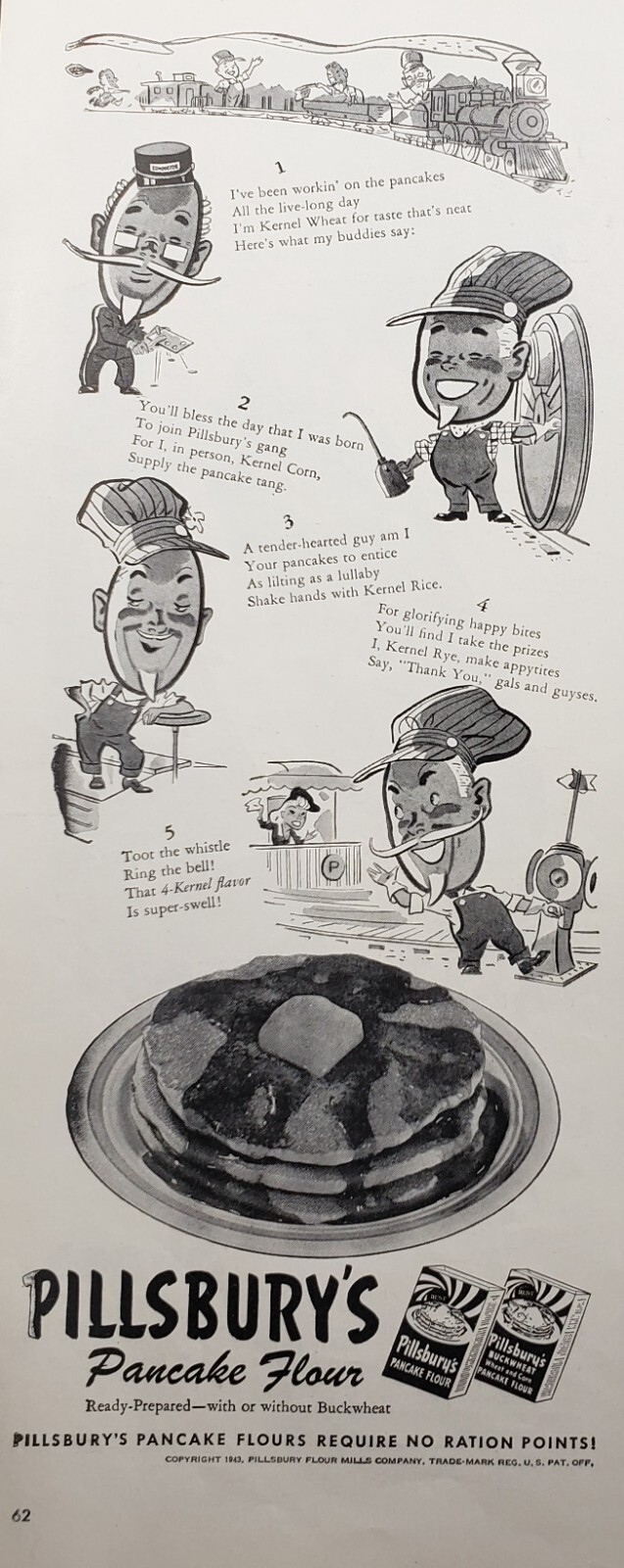 1943 Pillsbury\'s Pancake Flour Toot The Whistle Ring The Bell WWII Print Ad