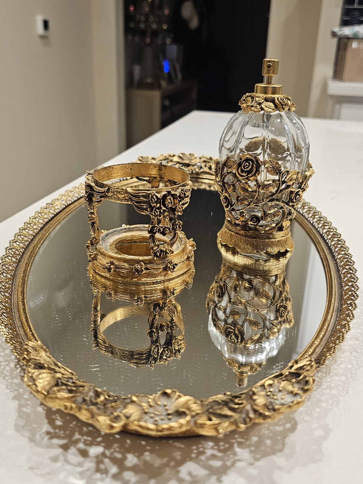 Vintage Matson  Hollywood Regency  gold vanity set W Perfume Bottle And Ormolu.