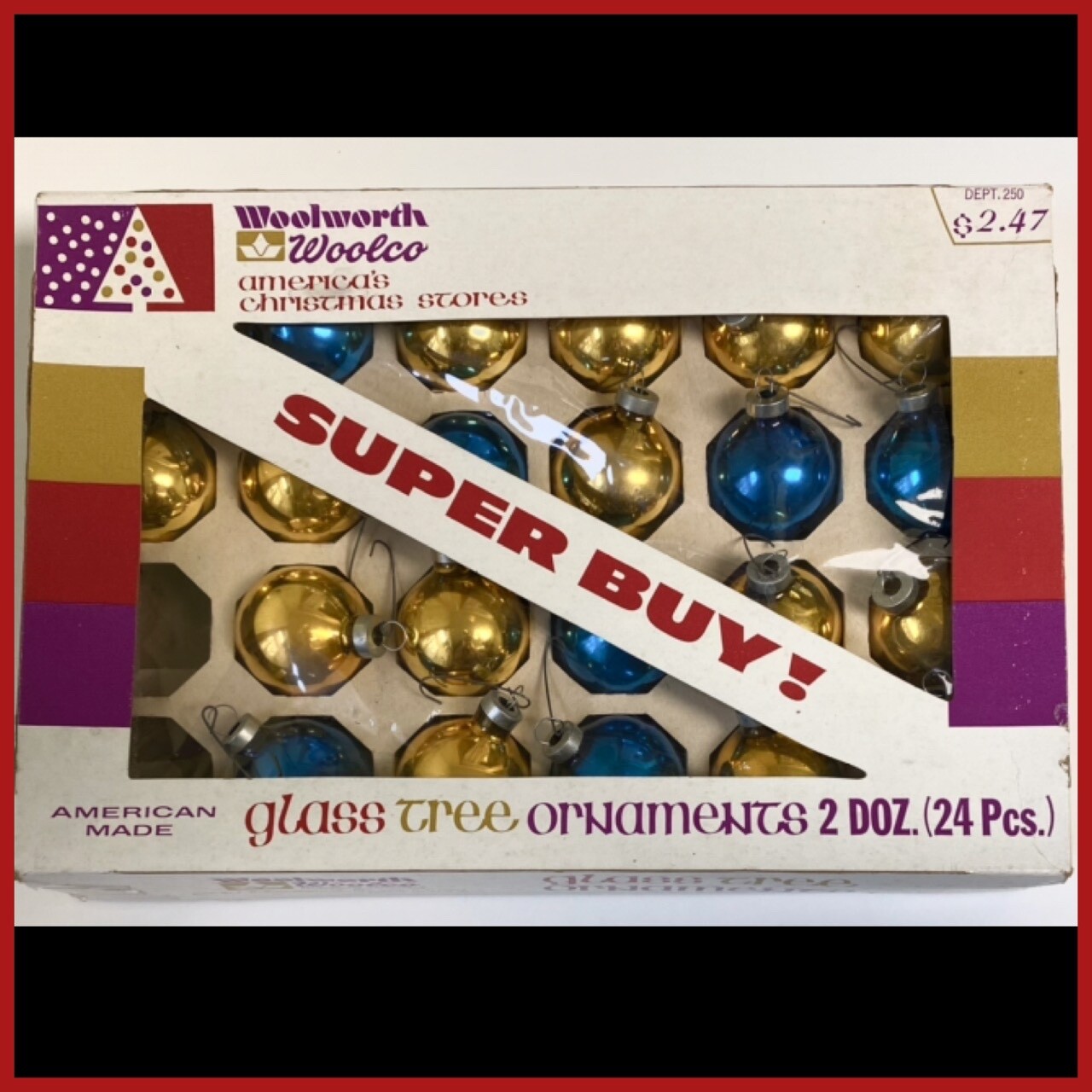 Vtg 1970’s Woolworth 22 Shiny Glass Christmas Ball Ornaments in Original Box USA