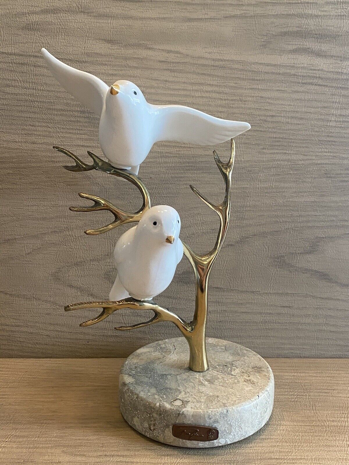 Bijan Ceramic Birds & Brass Tree Sculpture Signed 1980 Marble Base White Bird