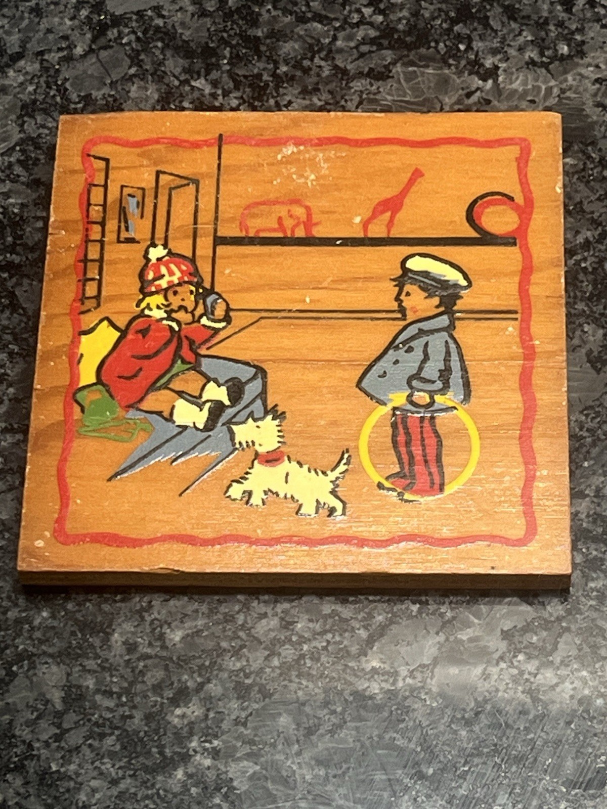 Vintage 1940's Scotty Terrier Dog Plaque on wood board 4”x4”