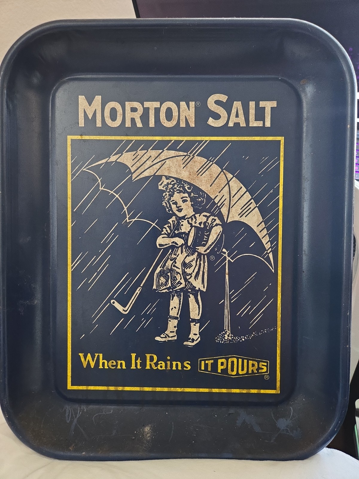 Morton Salt Girl with Umbrella ~ Tin Tray ~ History of Umbrella Girl on Back