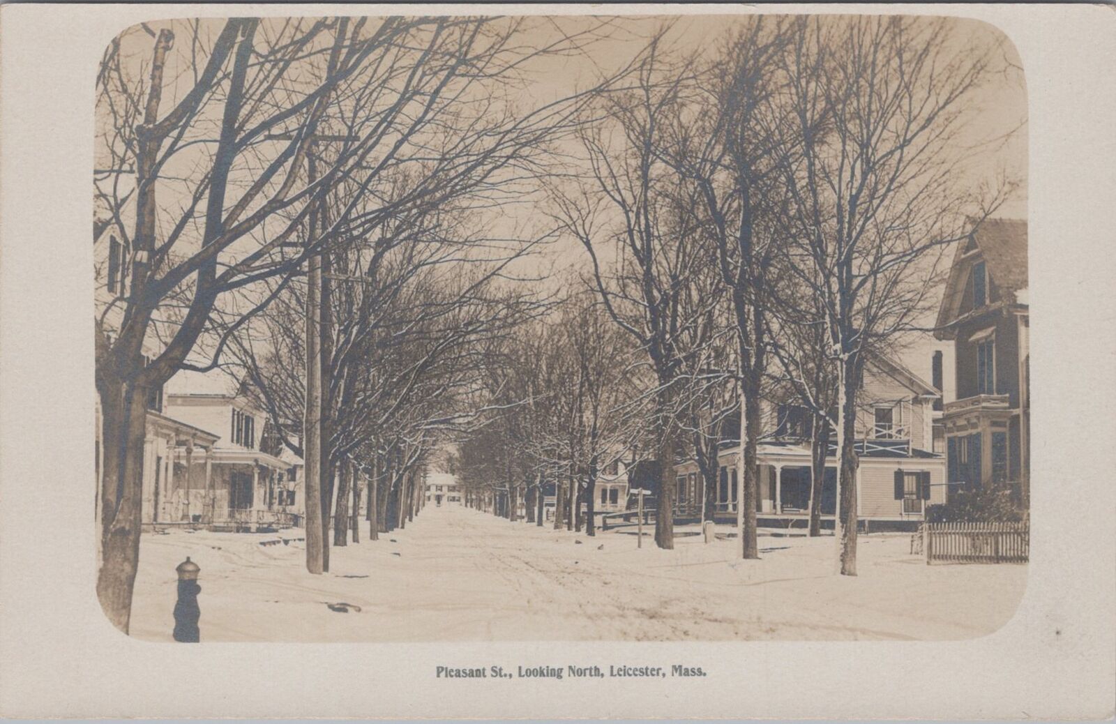 Pleasant Street Houses Looking North Snow Leicester Massachusetts RPPC Postcard