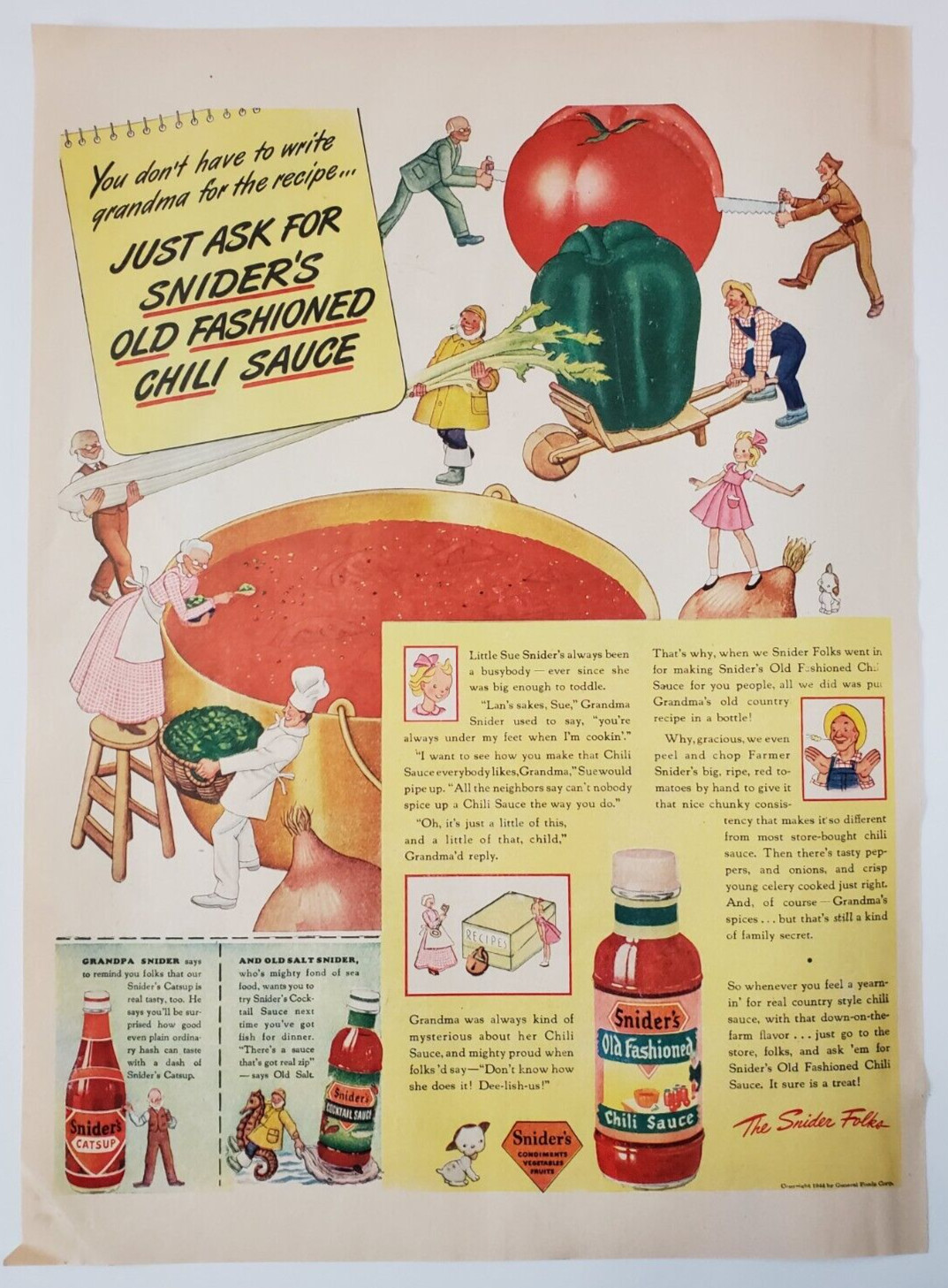 1944 Snider's Old Fashioned Chili Sauce Vintage WW2 Print Ad