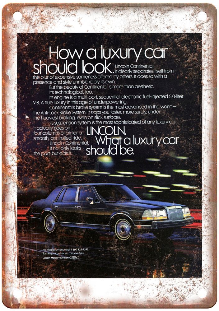 Vintage 1987 Lincoln Continental Auto Ad Retro Look Metal Sign A4540