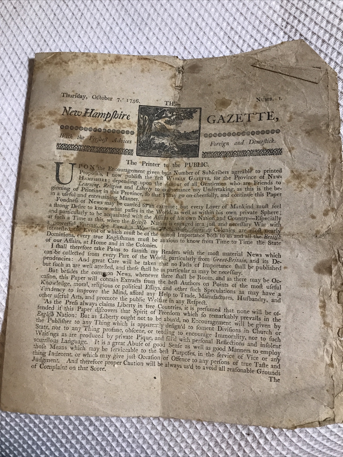 Antique Ephemera New Hampshire 1756 Gazette No. 1 1856 Version Early Newspaper