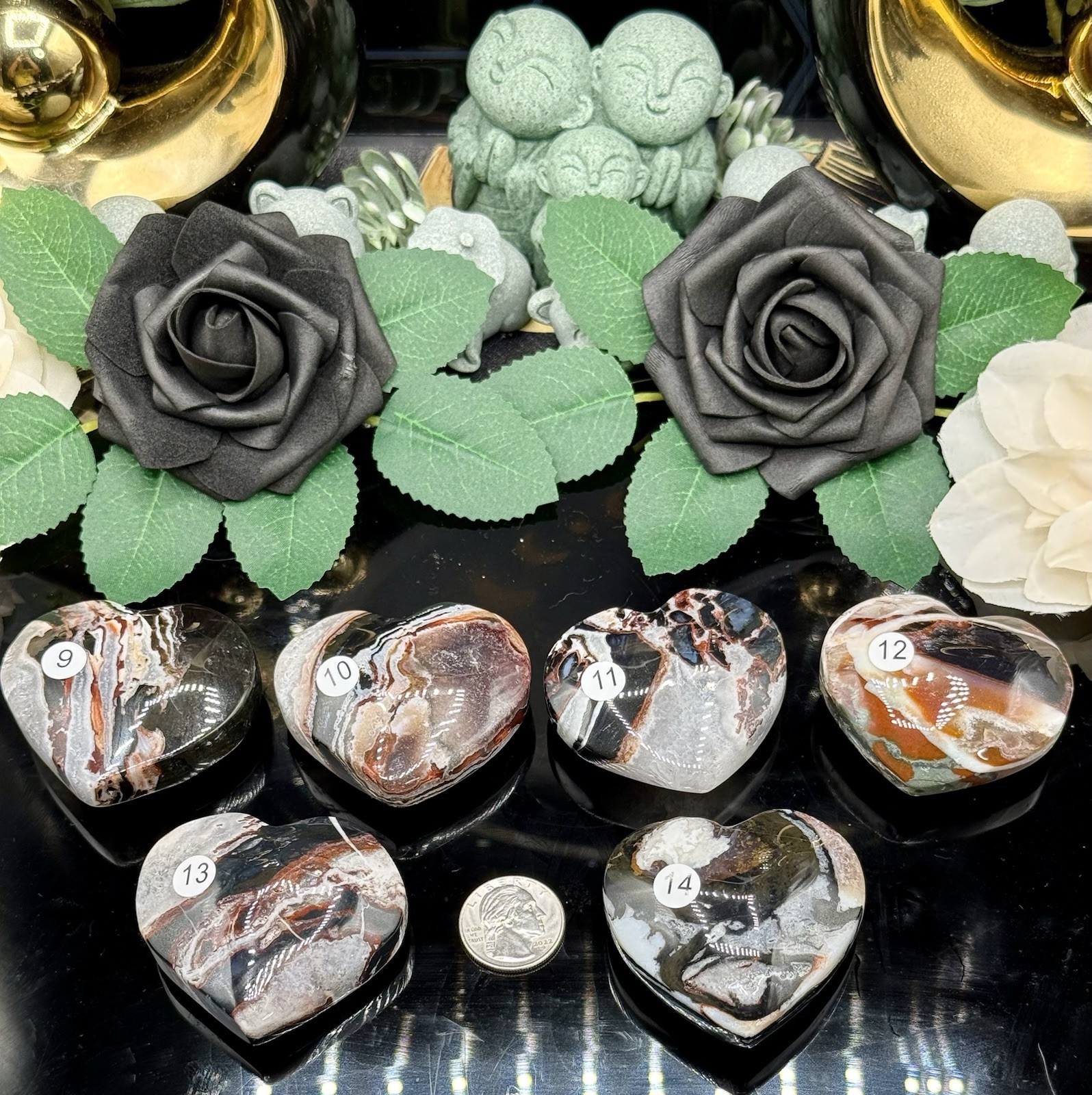 Natural Black Zebra Agate Carved Hearts Palmstone 