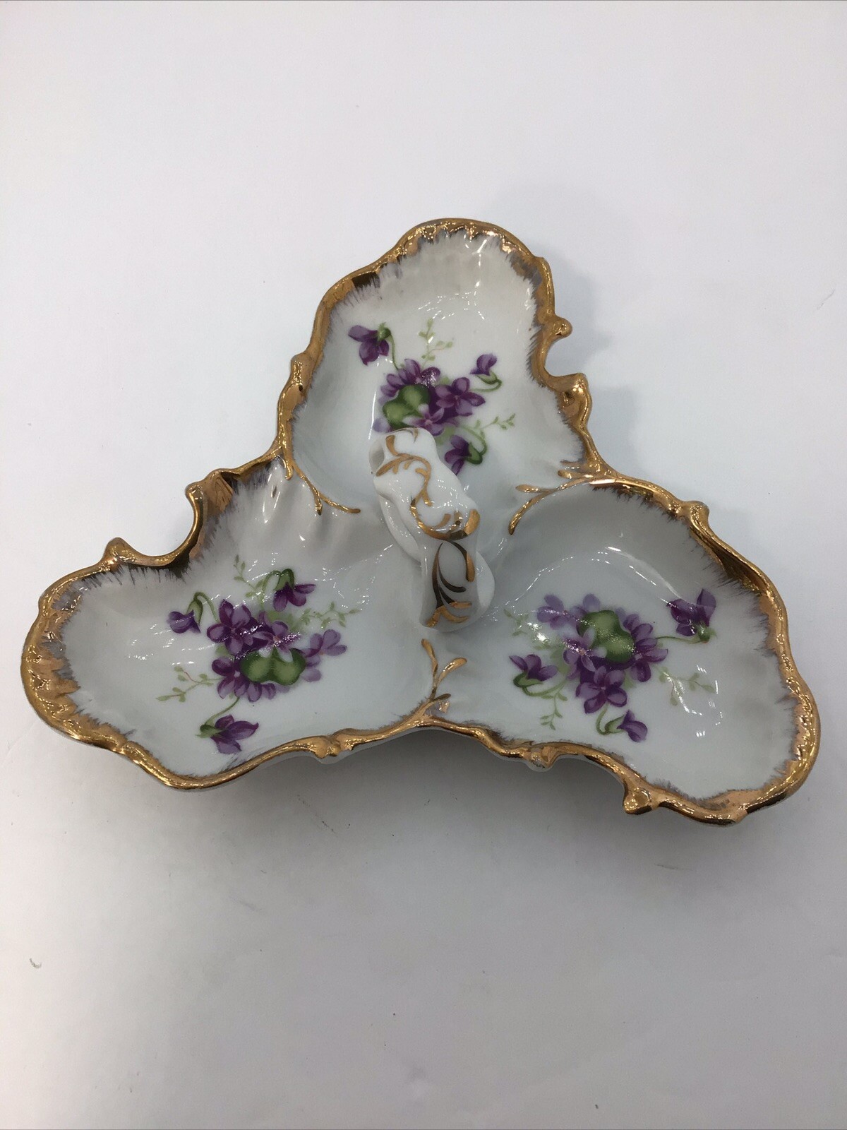 SAJI Vintage Divided Dish Violet Flowers Gold Trim Handle Candy Relish Nut 