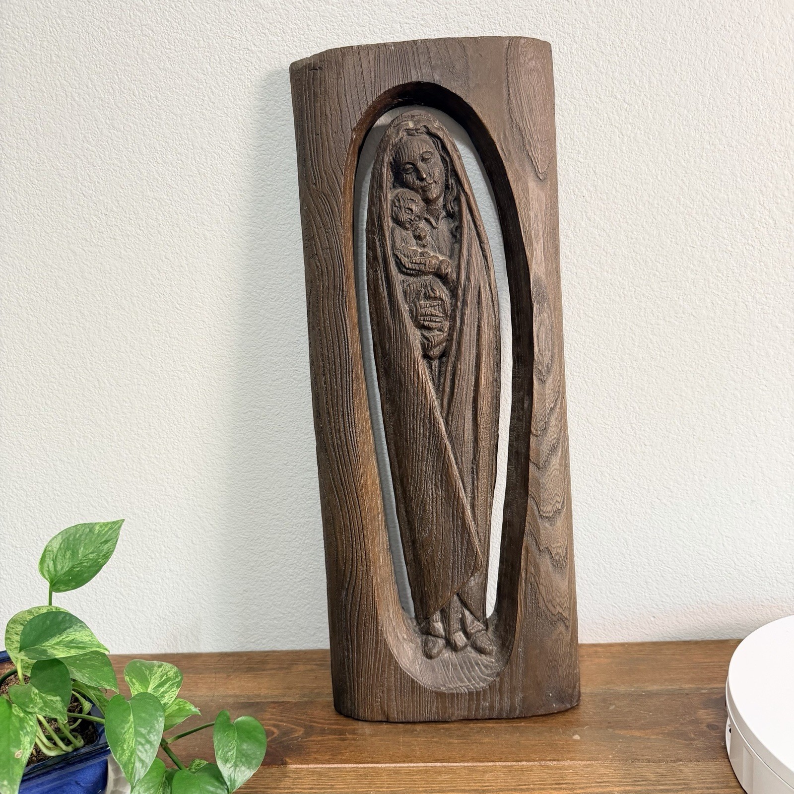 Beautiful Vintage Virgin Mary & Child Jesus Hand Carved Wooden Statue 23.5 ”