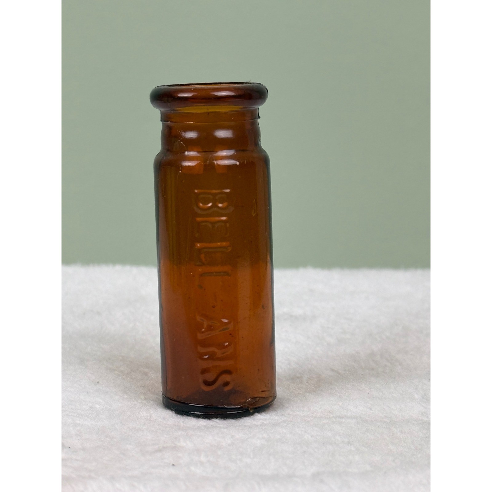 Vintage Bell-Ans Amber Glass Apothecary Bottle Small Embossed Medicine Vial
