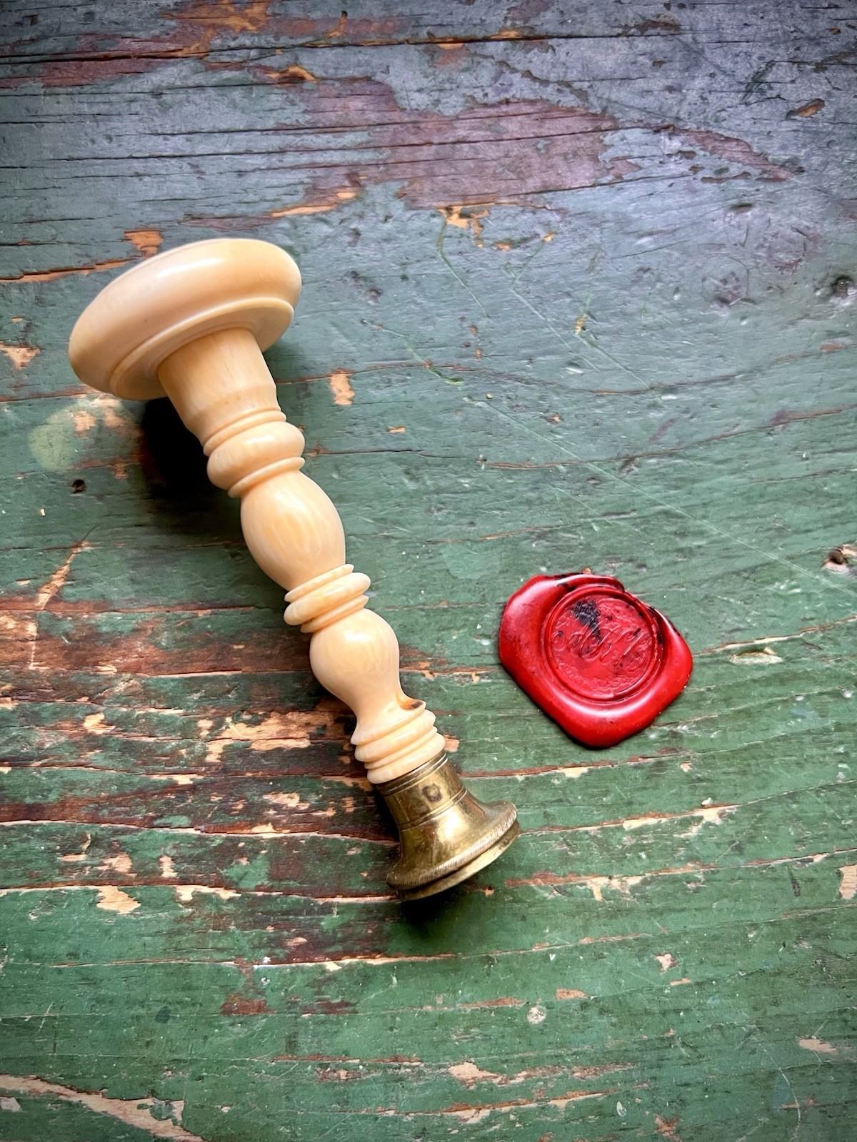 Antique 1800s Bone Wax Seal Matrix - Turned Baluster Shaft “MKB”