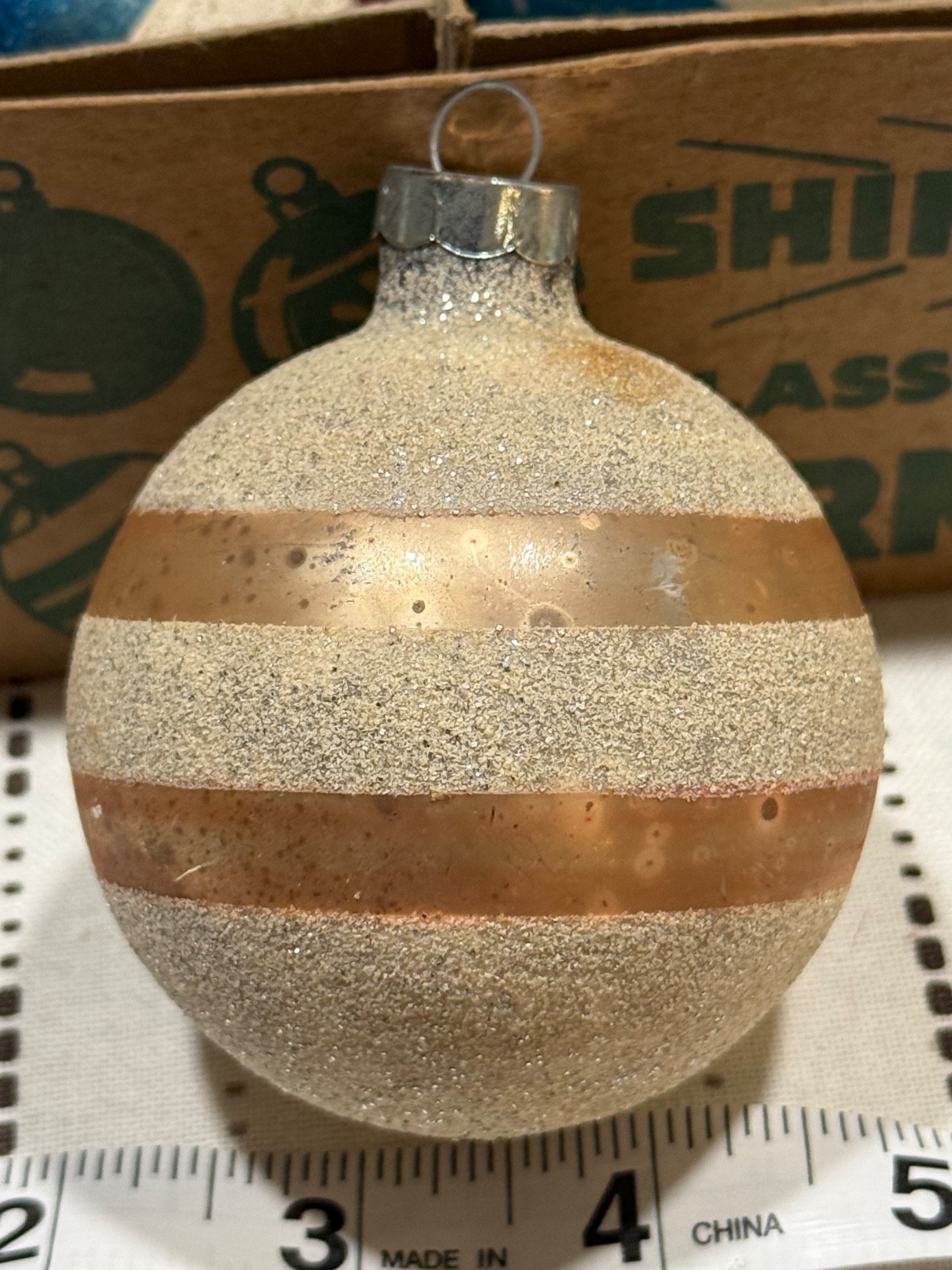 Vintage pre WWII Glass Mica gold Stripes BALL Christmas Ornament Franke