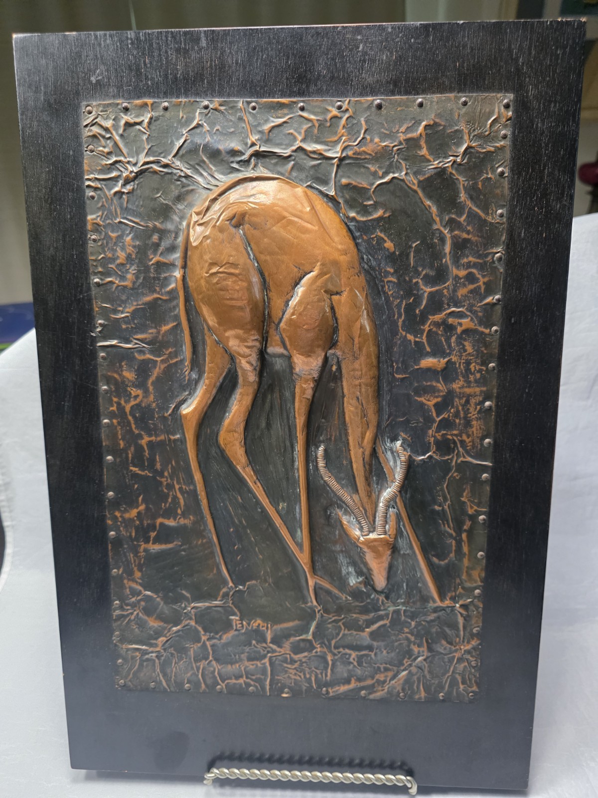 Vintage MCM Hammered Copper on Wood Artist Tenehi Stalized Grazing Gazelle